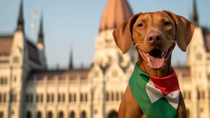 Tafelkleed Happy hungarian vizsla dog wearing national flag of Hungary at background of the sights of Budapest © Neira