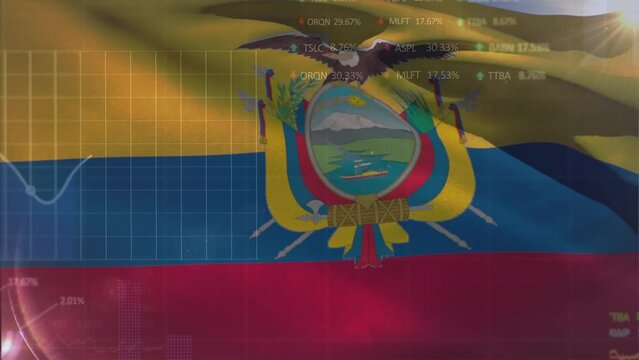 Animation of statistical and stock market data processing against waving ecuador flag