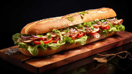 Submarine sandwich with ham, cheese, lettuce, tomatoes,onion on wooden table