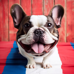 Funny french bulldog dog with big head standing on flag of France. French learning language school concept.