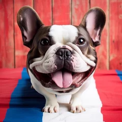 Foto op Canvas Funny french bulldog dog with big head standing on flag of France. French learning language school concept. © Neira