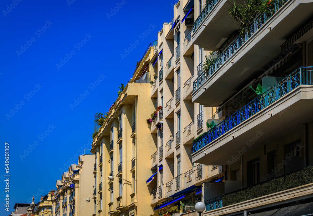 Poster Picturesque colorful traditional old houses on a street in the Old Town, Vieille Ville in Nice, French Riviera, South of France