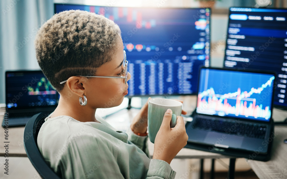 Aufkleber computer screen, office and business woman thinking of stock market trading, investment and monitor 