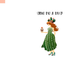 Give me a hug. A girl with a cactus gives warmth and caress.. For printing on a print, logo, icon, print