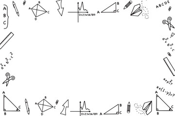 School background with doodles. Vector illustration in hand drawn style. Rulers, triangles, school supplies. Vector