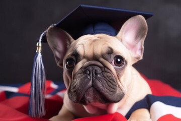 French bulldog dog wearing graduation hat  lying down on flag of France isolated on black background. French learning language school concept. Copy space.