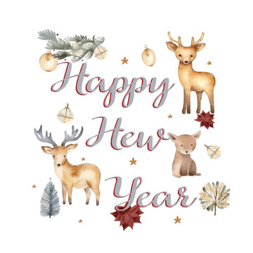 Illustration of cute animals with the inscription Happy New Year. Christmas Cute house Ideal for printing on t-shirts, labels, prints, postcards, blanks for designers