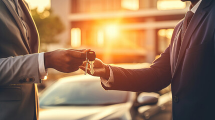 New car owner being handed over the keys by salesperson