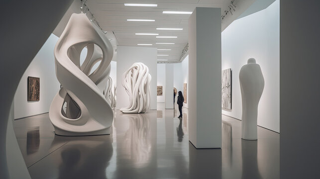 White cube art gallery with complex sculptures