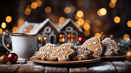 Frischgebackene Weihnachtskekse auf einem Teller mir weihnachtlichen Hintergrund, Lebkuchen, Haus, Holztisch