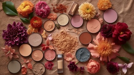 Obraz na płótnie Canvas Organic makeup products, including eyeshadows, blushes, and lipsticks. AI generated