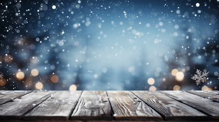 Holztisch mit Schnee, Produktplatzierung, winterlicher Hintergrund, Kalt, Winter, Weihnachten, Dekoration, leer
