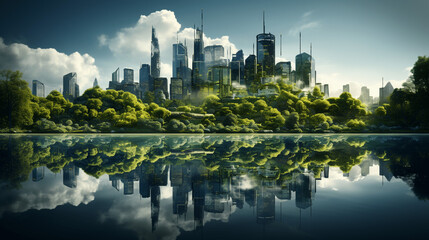 Futuristische grüne Stadt, Bäume, Großstadt, Wolkenkratzer, Meer, See, Wasser, Skyline