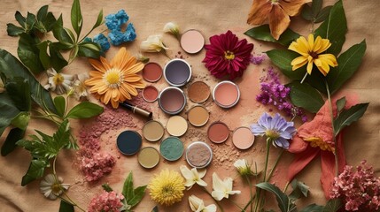 Fototapeta na wymiar Organic makeup products, including eyeshadows, blushes, and lipsticks. AI generated