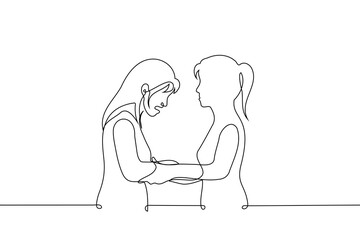 woman holding hands of crying woman - one line art vector. concept woman comforts, consoles, calms woman, sisters or female friends