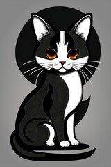 a flat simple black and white character design of a cute cat like creature, ink, graphic style