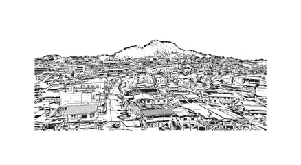 Building view with landmark of  San Fernando is the city in California. Hand drawn sketch illustration in vector.