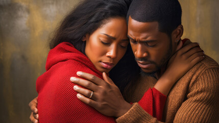 Black african american couple in emotional distress during breakup - obrazy, fototapety, plakaty