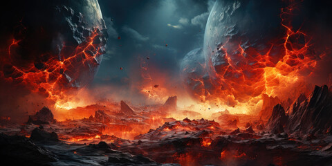 The image captures the apocalyptic moment when an asteroid strikes a planet, resulting in a fireball explosion and scattering debris. It is a haunting vision of potential cosmic disasters