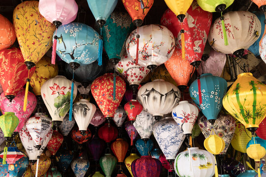 background with colorful silk lanterns in Hoi An, Vietnam