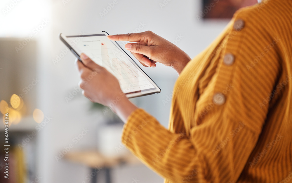 Poster woman, hands and tablet with data analysis, connection and information for digital marketing with bo
