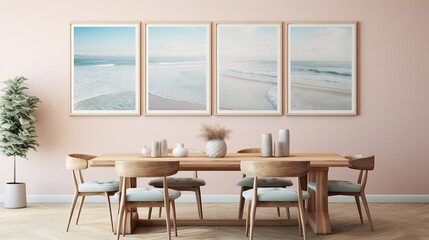 Elegant coastal style dining room with beach picture frames, Scandi interior design AI generated