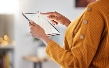 Woman, hands and tablet with data analysis, connection and information for digital marketing with...