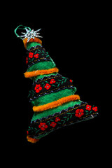 Fototapeta na wymiar handmade Christmas tree toy, Christmas toy herringbone tree, burlap
