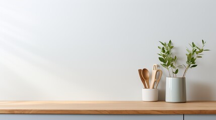 Coastal style white blank empty space kitchen countertop with kitchen utensils and indoor plant, Scandi interior design, AI generated - obrazy, fototapety, plakaty