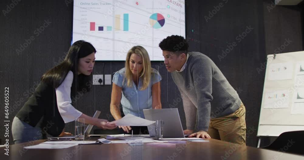 Poster animation of statistical data processing over diverse colleagues discussing over document at office