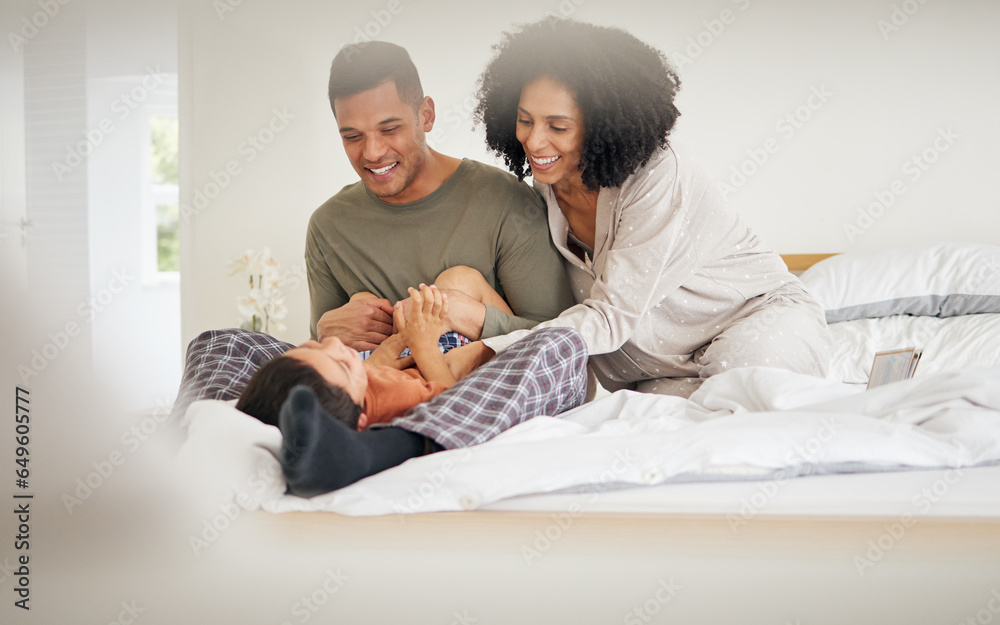 Canvas Prints Happy, family tickle and bedroom with laughing with bonding of father, mother and child smile. Home, mom and dad together with love, bonding and care in bed in morning with kid in house with parents