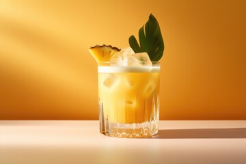 One close up view glass of cocktail Mai Tai on studio yellow background.