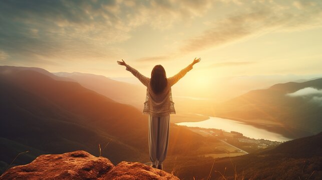 Woman standing on top of mountains over beautiful scenic view, New year resolutions 2024 celebration, achievement plan concept