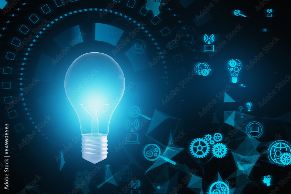 Poster creative glowing blue light bulb hologram on blurry background. idea and tech innovations concept. 3