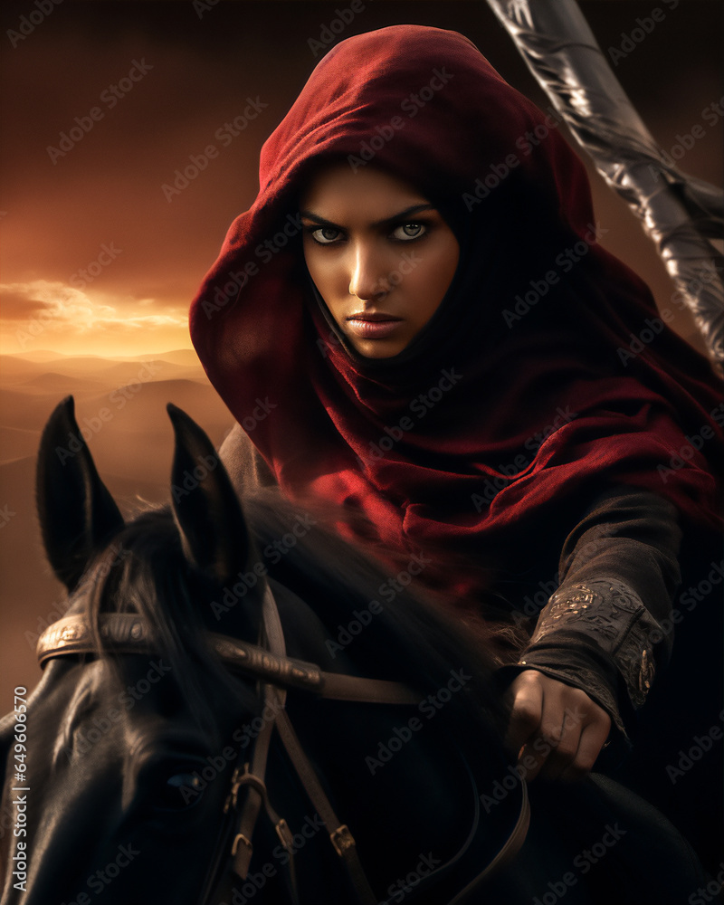 Wall mural an muslim woman warrior in hijab and veil  on horse in the Arabian desert, hyper realistic, dramatic light and shadows, sun behind the storm clouds, create using generative AI tools