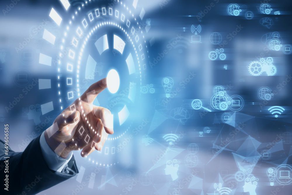 Poster close up of businessman hand pointing at glowing digital business interface with cogwheels and other