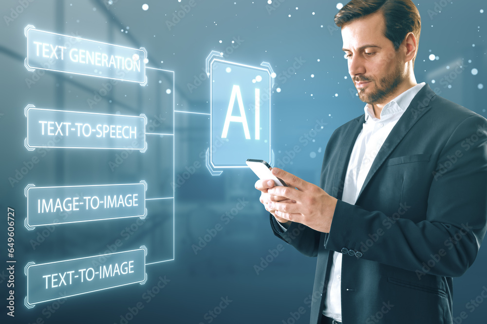 Poster attractive young european businessman using smartphone with creative ai interface on blurry blue bac
