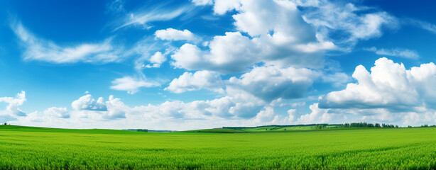 beautiful landscape with green field and clouds on blue sky. Generative Ai