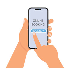 Hand holding smartphone with screen and book now button. Flat design illustration of online booking mobile application. Vector.