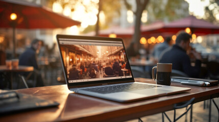 Naklejka na ściany i meble laptop close-up on a table in a street cafe, blurred background. Generative Ai