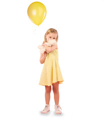 Balloons, happy and portrait of child with teddy bear on isolated, png and transparent background. Creative, yellow fashion and girl with inflatable toy for birthday, celebration event and party