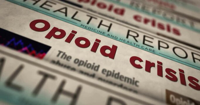 Opioid crisis painkiller abuse and overdose problem daily news newspaper printing. Abstract concept retro headlines 3d seamless looped.