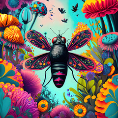  futuristic and avant-garde artwork featuring a cybernetic black fly integrated with neon-colored, futuristic elements