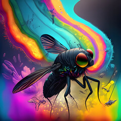 featuring a black, rainbow-colored fly in a dreamlike, abstract environment