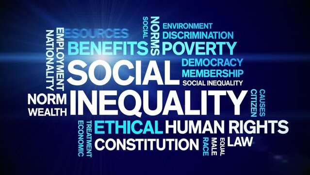 Social inequality animated tag word cloud;Human rights issues text design animation kinetic typography seamless loop.