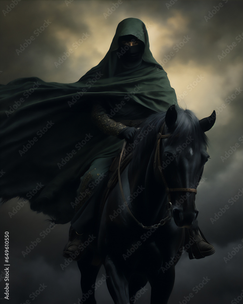 Wall mural an muslim woman warrior in hijab and veil on horse in the arabian desert, hyper realistic, dramatic 