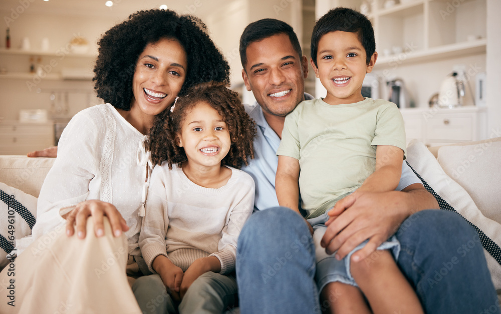 Poster Family, parents and portrait of kids on sofa for bonding, healthy relationship and relax in home. Happy, African and mother, father and children hug, embrace and cuddle for trust, support and love