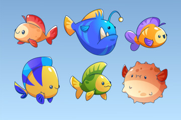 Cartoon set of sea fish isolated on background. Vector illustration of cute colorful underwater inhabitants, clownfish, goldfish, pufferfish, anglerfish, deep ocean animals, aquarium design elements