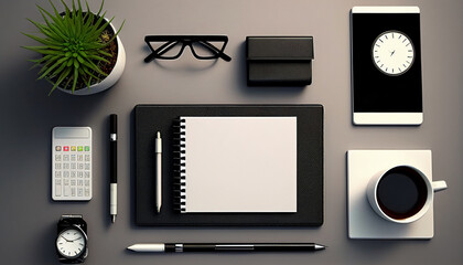 Elegant office desktop with business accessories and copyspace. Top view. Generative AI