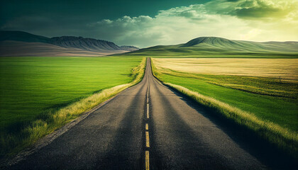 Endless road along green grassland. Generative AI - obrazy, fototapety, plakaty